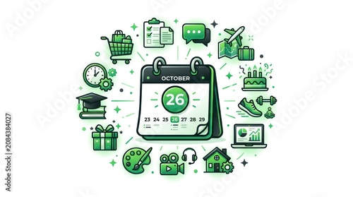 A stylized illustration of a calendar page with the date October 26th surrounded by various icons