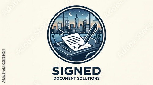 A circular logo with a cityscape, a document with a pen on a desk