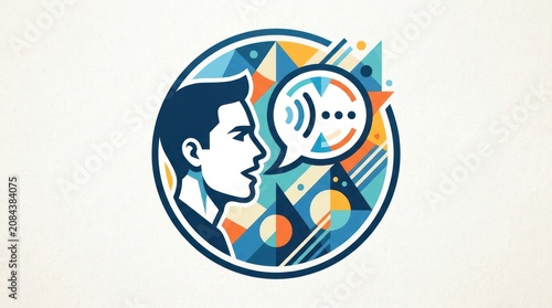 A stylized illustration of a man's head in profile, surrounded by a colorful geometric pattern and a speech bubble