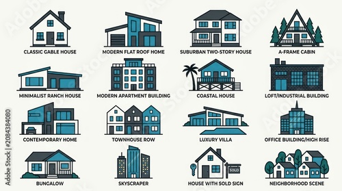 A collection of 15 various architectural house styles and buildings with labels