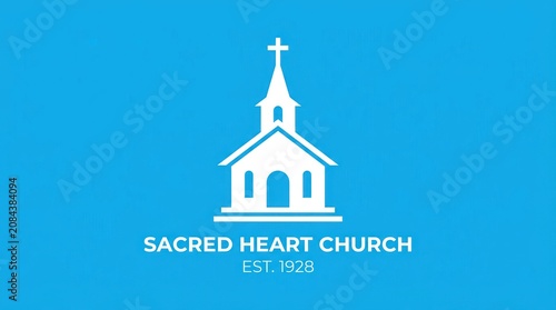 A white church icon on a blue background with text below it