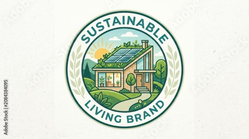 A circular logo featuring a house with solar panels, greenery on the roof, and a sunny background, surrounded by leaves and text emphasizing eco-friendliness