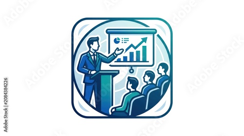 A man in a suit presents to an audience of three seated people, using a projector screen with a bar graph