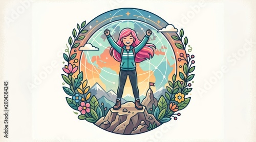 A cartoon girl with pink hair stands on a rocky outcrop with her arms raised, surrounded by a floral wreath and a mountainous landscape at sunset