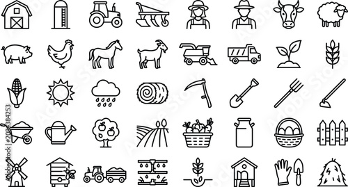 Photos Smart Agriculture and Organic Farming Line Icon Mega Set Featuring Tractor, Barn