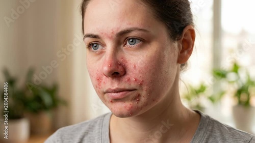 Female visage problem: Staphylococcus infection, dermal irritation, facial pustule, chronic condition, epidermal distress, redness symptom, bacteria pathogen, pore damage, skin ailment.
