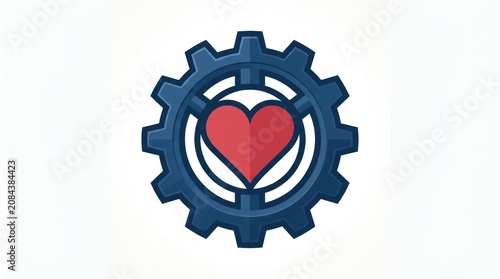 A blue gear with a red heart inside