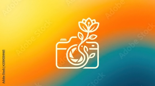 A white camera icon with a flower growing out of it on a vibrant gradient background