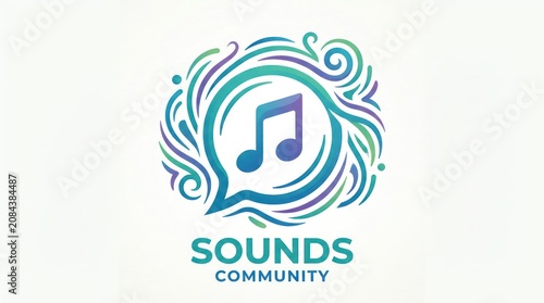 A stylized musical note within swirling lines and a speech bubble on a white background with text below