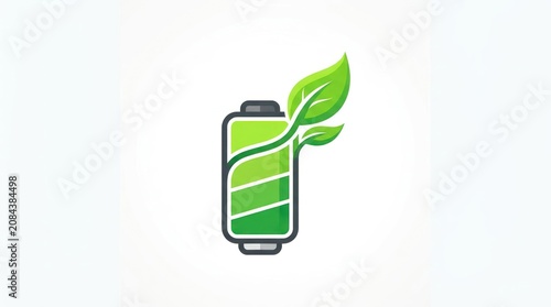A green battery icon with a leaf growing out of it, symbolizing eco-friendliness