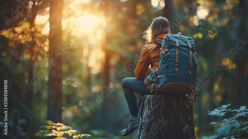 Woman hiking forest sunlight
