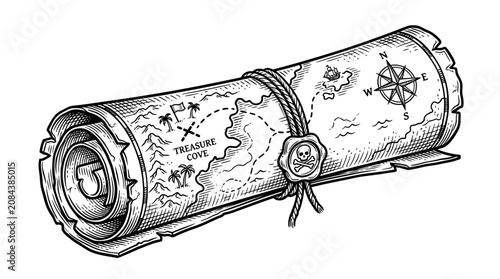 Konstfotografi Pirate Treasure Map Scroll with Compass Rose and Skull Seal