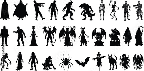 Fotografie Monster Silhouettes Collection Black Shapes Against White Background