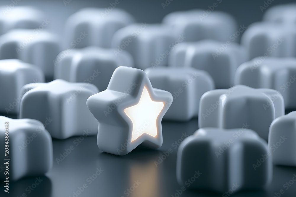 Fototapeta premium A single luminous star shines brightly amidst a cluster of dull, unlit stars, representing uniqueness and outstanding leadership.