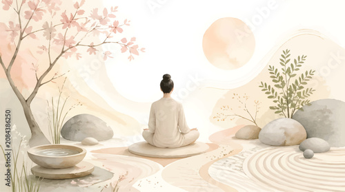 Serene Person Meditating in Zen Garden with Cherry Blossoms and Soft Sunrise Light, Peaceful Mindfulness Illustration