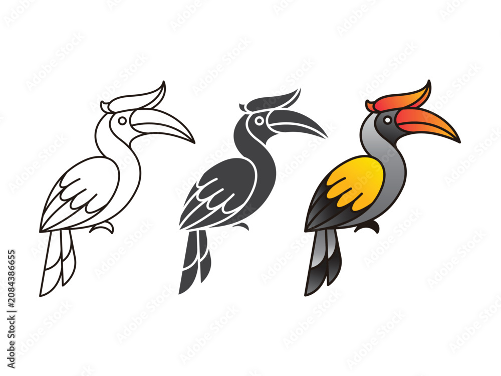 Obraz premium Set of three hornbill bird vector illustrations in outline, silhouette, and colored style isolated on white background