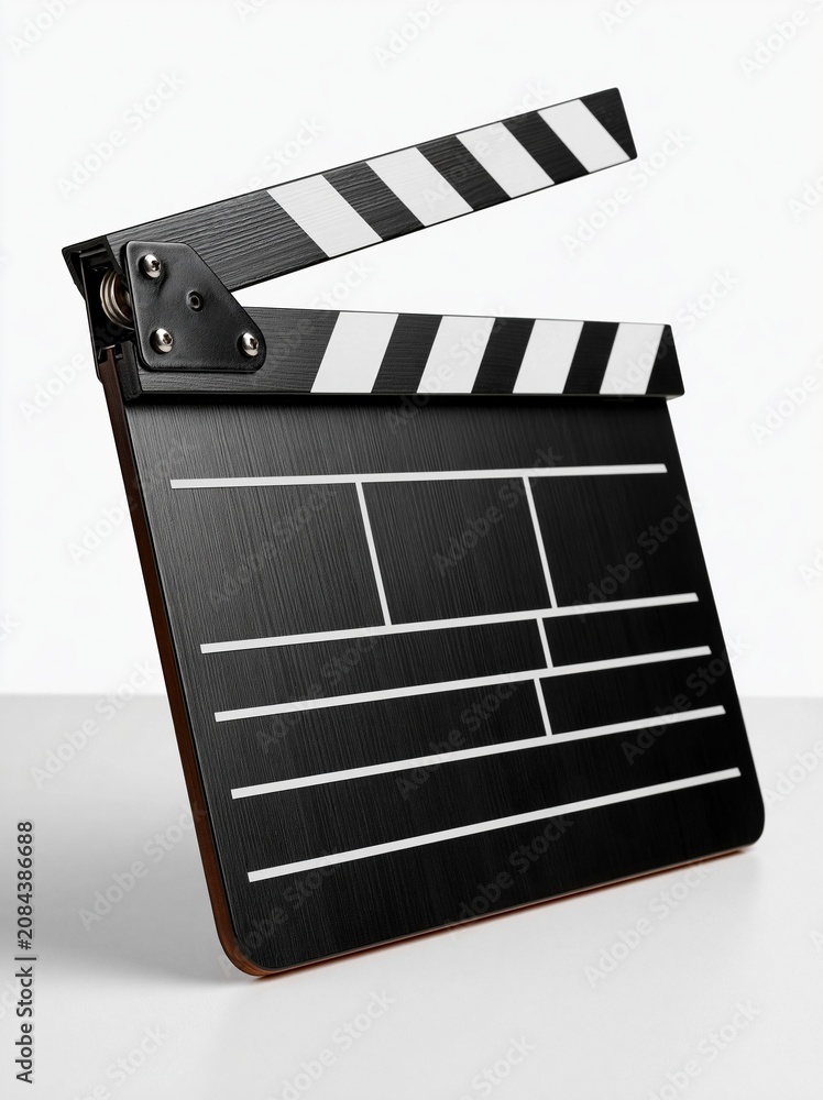 Fototapeta premium Open wooden black and white striped empty movie clapperboard standing against plain light gray background for cinema and film production creative concept