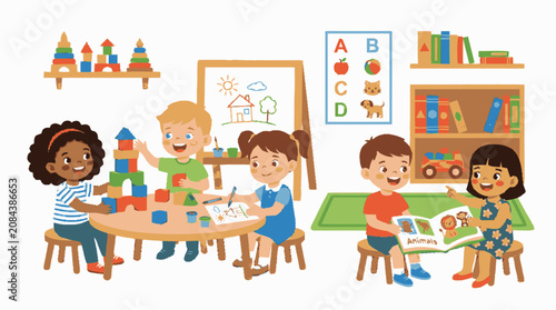 Diverse preschool children playing with blocks and reading books.