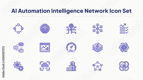 Ai automation intelligence network icon set flat two color glyphs on a light gray background artificial icons design purple