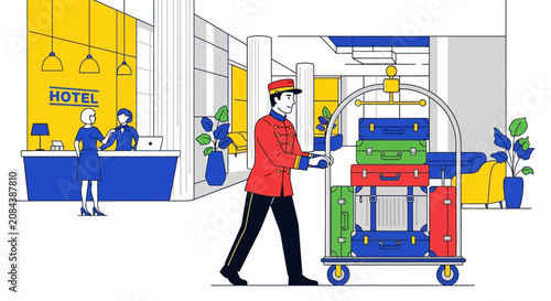 Bellhop Pushing Luggage Cart Indoors