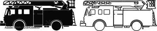 Cuadro en lienzo Fire Engine Silhouette and Outline Vector Icons on White Background for Emergenc