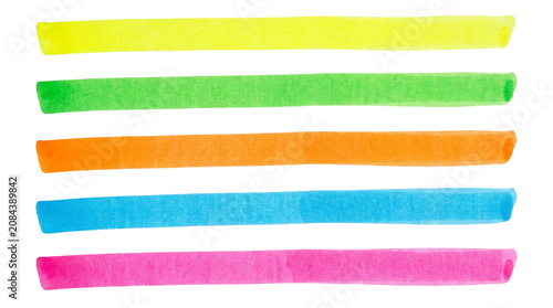 Neon highlighter pen strokes set, colorful marker ink lines for highlighting text, vibrant office stationery drawing elements isolated on Transparent Background