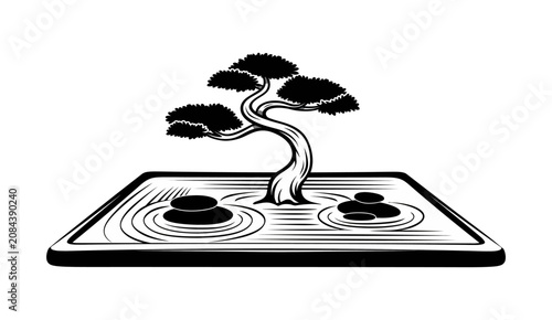 Photography Minimalist black and white bonsai tree in a traditional japanese zen rock garden