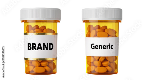 Canvas Print Isolated brand name versus generic prescription pill bottles representing pharmaceutical choices