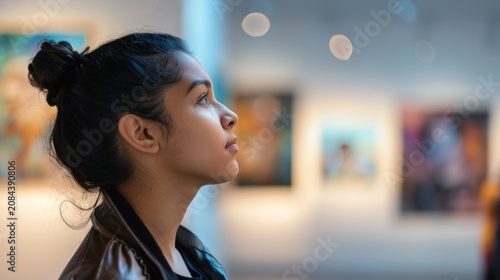 Woman observing artwork