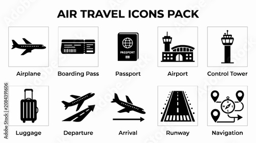 Set of black and white vector graphic air travel icons showcasing various essential airport elements like airplanes passports luggage and navigation symbols for modern design projects