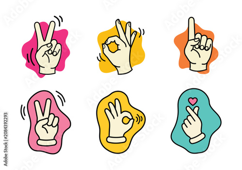 Large collection of various hand gestures including peace okay pointing and mini heart signs over abstract colorful blobs