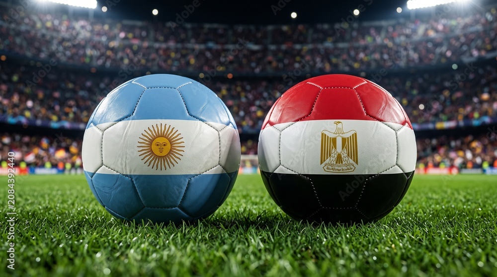 Obraz premium Argentina vs Egypt Soccer Match Concept – Two Footballs with National Flags on Green Stadium Grass Pitch Before a Game