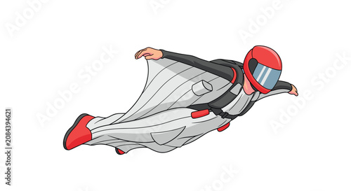Daring wingsuit flyer wearing a white suit and red helmet glides gracefully through the sky during a high-altitude jump.