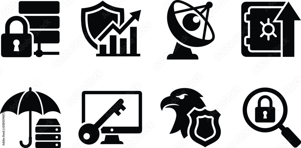 Fototapeta premium Set of black business security icons representing data protection, digital safety, surveillance, and corporate intelligence monitoring, image_04976e.png