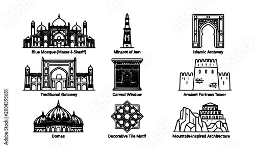 Obraz na płótnie Afghanistan architectural heritage icon set, black and white line art of famous afghan landmarks