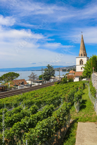 Billede på lærred Scenic view of the UNESCO Lavaux terraced vineyards and Temple de Villette churc
