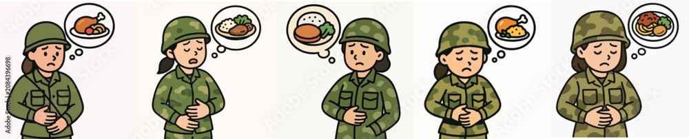 Fototapeta premium Set of vector illustrations of a hungry female soldier wanting to eat.