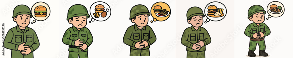 Fototapeta premium Set of vector illustrations of hungry soldiers wanting to eat.