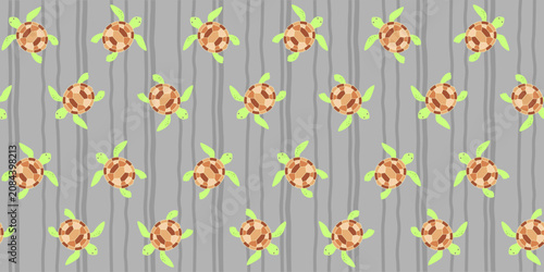Bild auf Leinwand Cute green turtles with green shells on a gray striped background