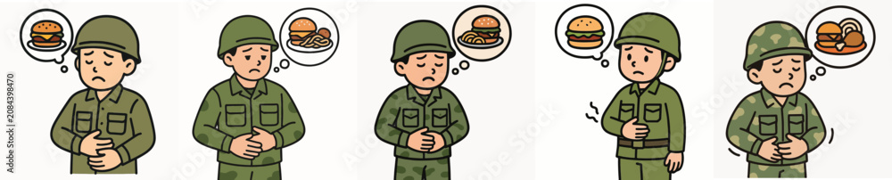 Fototapeta premium Set of vector illustrations of hungry soldiers wanting to eat.