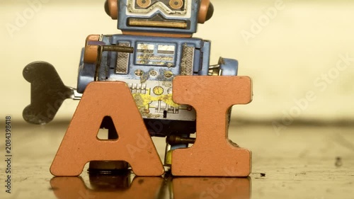 Retro robot says NO AI stop motion on a wooden floor 