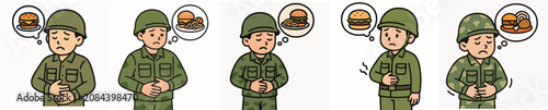 Konstfotografi Set of vector illustrations of hungry soldiers wanting to eat.