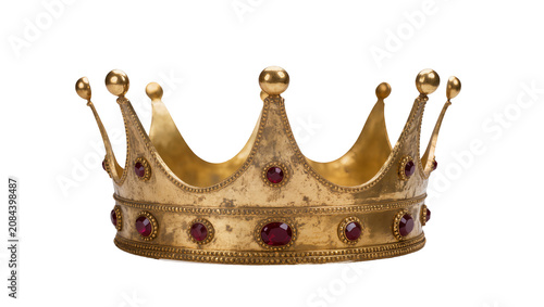 Fotografía Isolated golden king crown with red gemstones, royal headwear for power and auth