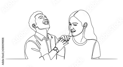 Happy Couple Sharing Music, One Line Drawing Art, Joyful Connection