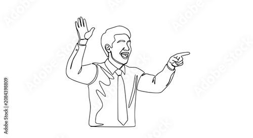 Man in shirt and tie, one line drawing, excited, pointing and waving hands
