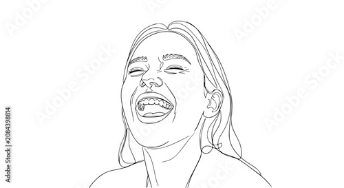 Joyful woman laughing with eyes closed, line art illustration