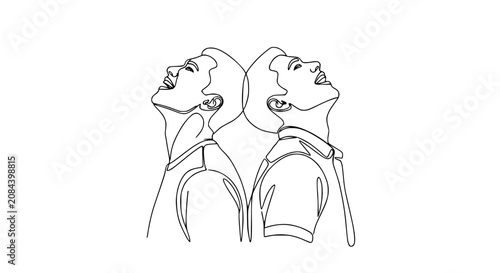 Minimalist Line Art of Two Women Back to Back Looking Up