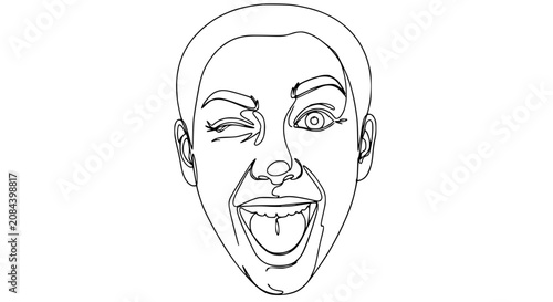Joyful Woman's Face, Continuous Line Drawing, Winking and Laughing Expression