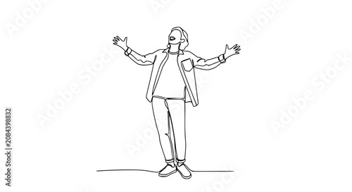 Continuous line drawing of a happy person with arms wide open celebrating success, joy, and freedom.