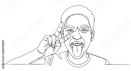 Young Person's Line Art Portrait, Sticking Tongue Out and Making Peace Sign